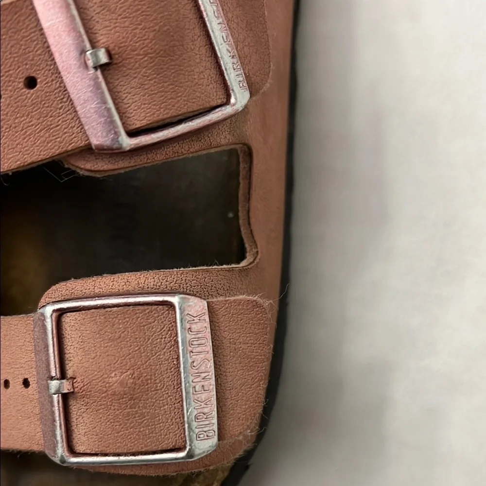 Birkenstock Dusty Rose Sandals with Suede Straps and Metallic Buckles